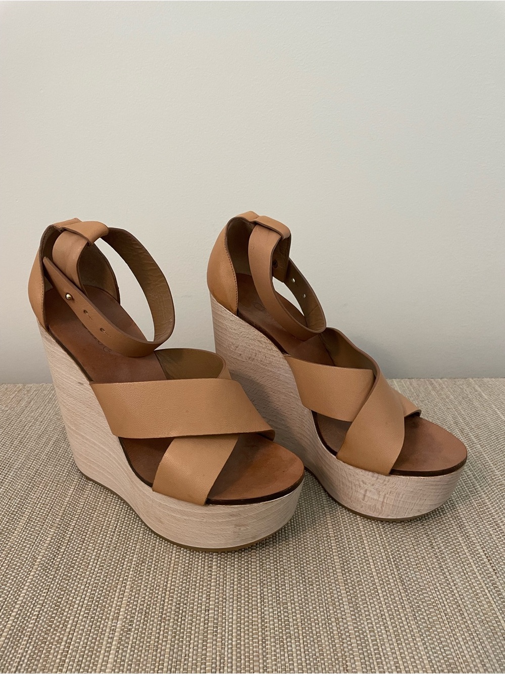 Chloe Leather and Wood Platform Wedge Sandal